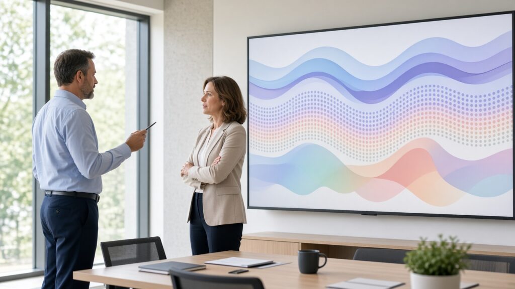 Three business professionals in a sunlit lobby review a tablet together near a wide closed doorway.