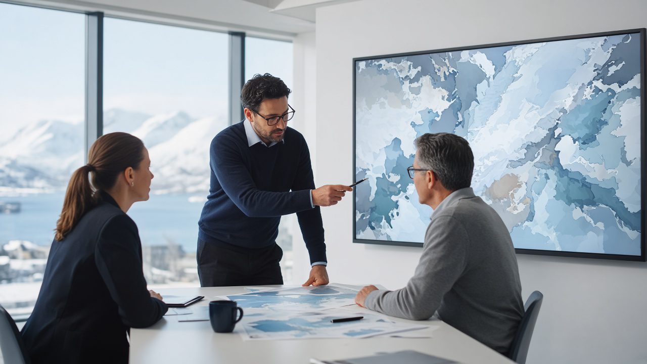 Three business professionals review arctic coastal maps in a sunlit conference room overlooking a fjord and snow-covered mountains.