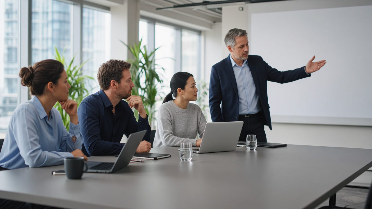 Four professionals in business-casual attire collaborate in a bright modern conference room; one stands gesturing toward a blank display while three sit at a long table with laptops.