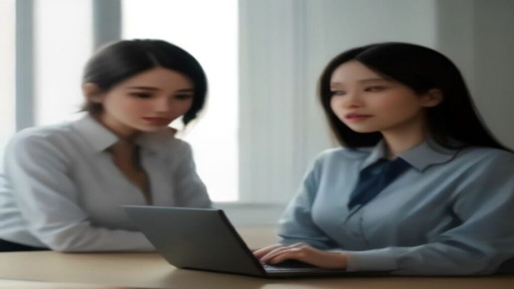 Two anonymous colleagues at a bright office desk lean over a laptop together during a quiet email-security review, screen angled away