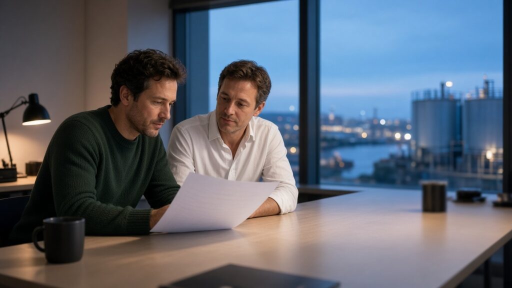 Two IT colleagues in business casual review a printed checklist together at a desk by a window overlooking a city and industrial storage tanks at dusk