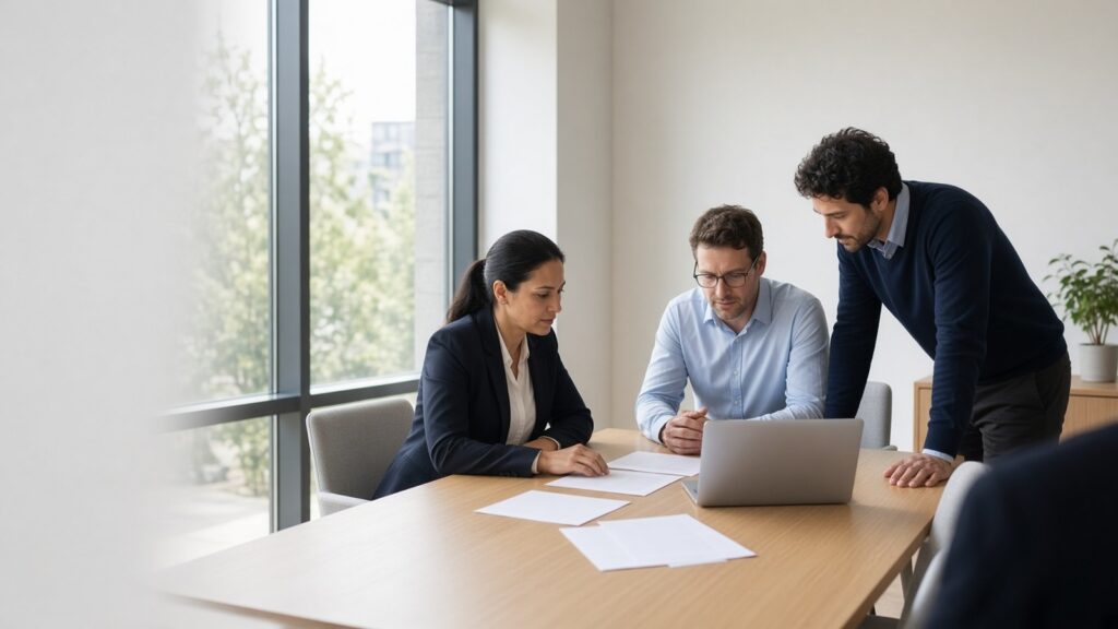 Three colleagues in business casual review blank printed pages and a laptop together at a wooden table in a bright office meeting room with large windows
