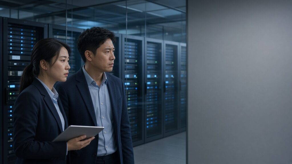 Two IT operators in business casual stand together in a dim server room, looking with concern at rows of server racks behind a glass wall