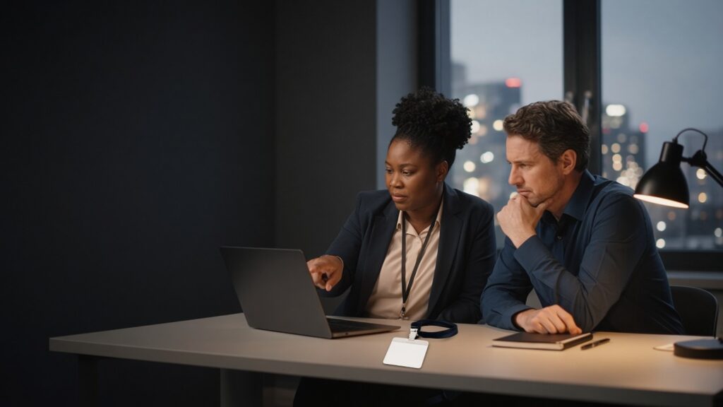 Two security analysts in business casual review a laptop together at a desk in an evening office, with a blank ID badge on the desk and city lights through the window