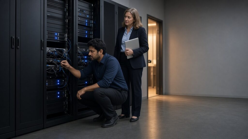 Two IT administrators inspect cabling on a backup server rack in a dimly lit storage room, one crouching at the rack while a colleague holding a laptop looks on
