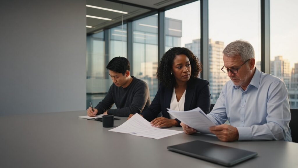 Three colleagues review printed incident report pages at a conference table in a glass-walled office overlooking a city