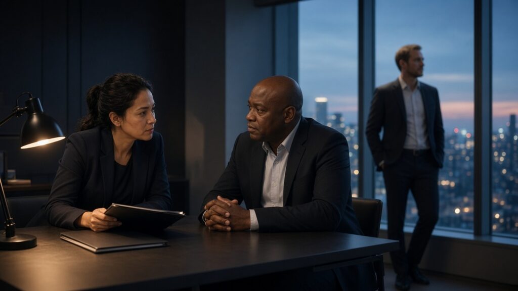 Two professionals hold a serious conversation across a desk in a dim office at dusk while a colleague stands by the window overlooking a city